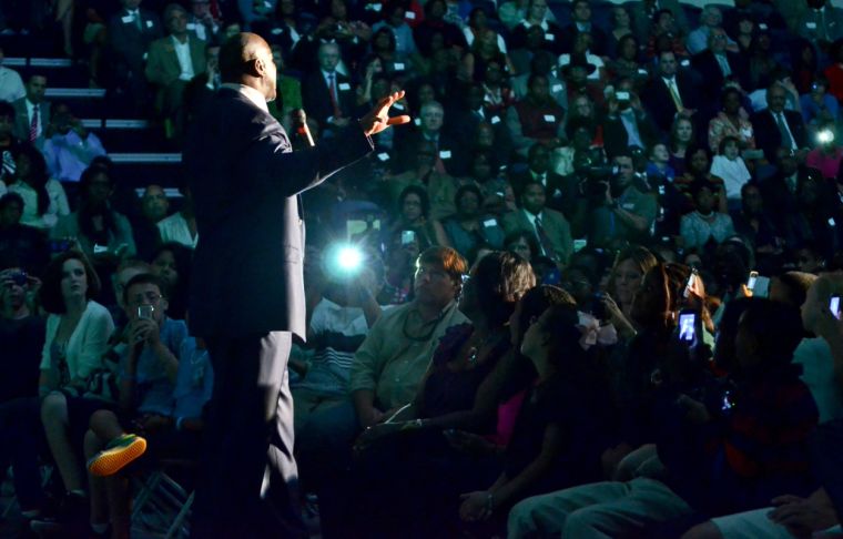Magic Johnson, Former NBA Most Valuable Player and HIV/AIDS advocate, spoke to a crowded audience at Trask Coliseum on Thursday night. Several hundred middle school students were invited to attend the lecture, which focused on how to overcome life's many challenges.