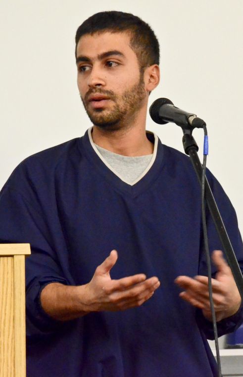 Twenty-seven-year-old refugee Stevens Muriel from Colombia spoke on campus Wednesday night, sharing his story alongside another refugee.