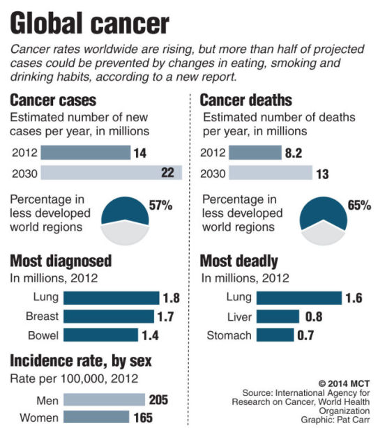 Chart based on a newly released World Health Organization report showing projected rise in cancer cases and deaths over the next 20 years, as well as differences between men and women and rich and poor countries.