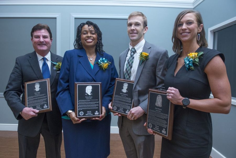 The UNCW Athletic Hall of Fame welcomed four new members to its elite membership (from left to right) Rick Jones, Tressa McKeithan, John Goldsberry, and Anna Marbry on Feb. 13 at the Burney Center. 