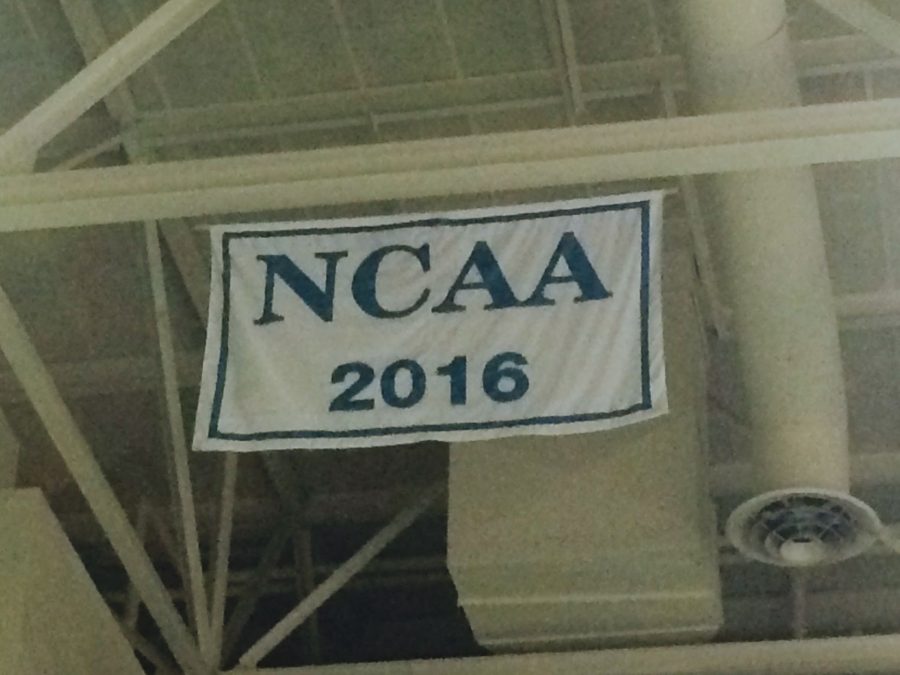 The new banner hangs in on the southern end of Trask Coliseum.