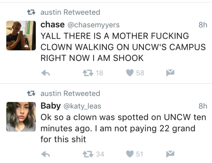 Tweets regarding the clown sighting began popping up over Twitter once word of the incident spread.