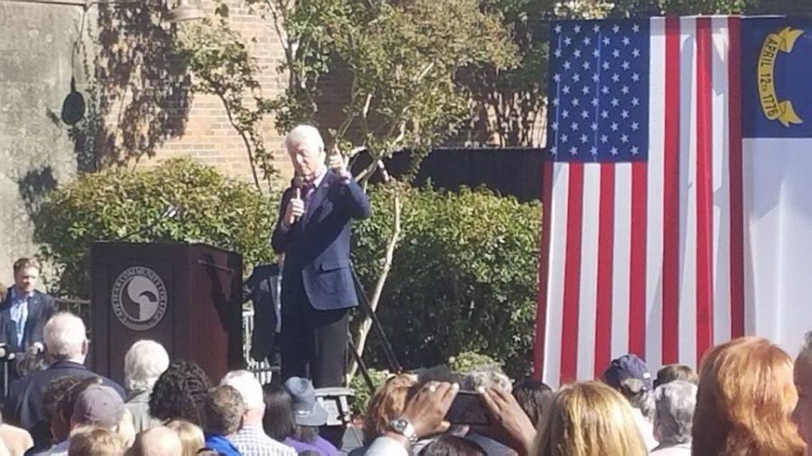 Bill Clinton, 42nd President of the United States, addresses a large crowd during his stop at Cape Fear Community College Wednesday.