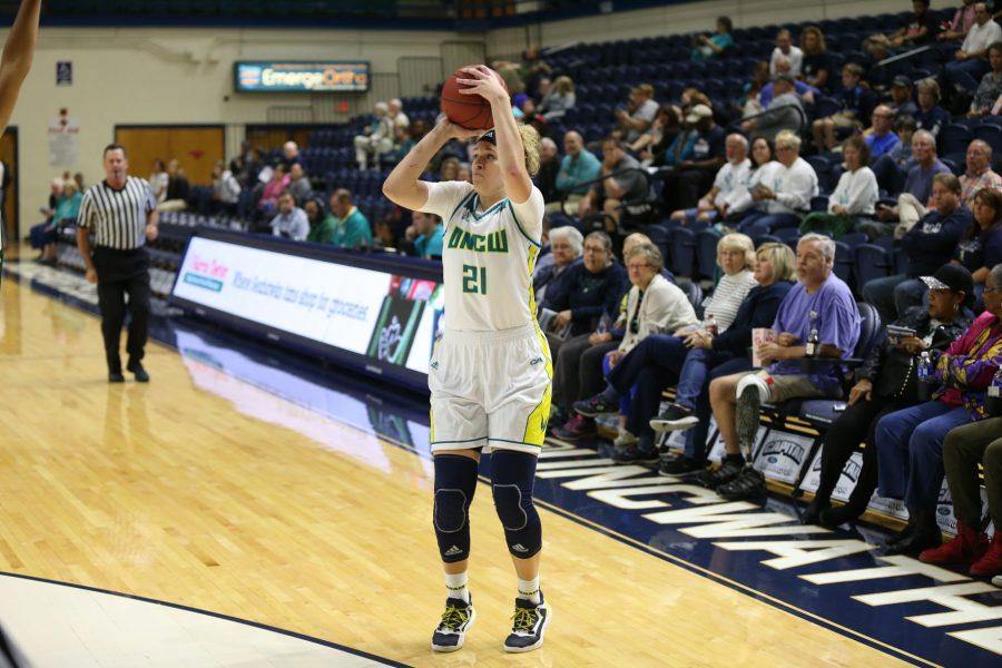 Jenny DeGraaf pulls up for a three-pointer in Fridays 64-56 win over Norfolk State.