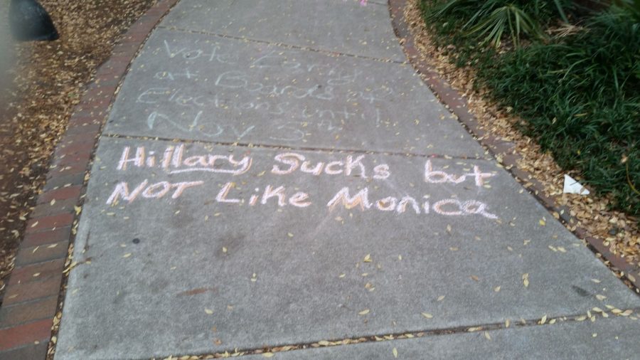 New chalkings outside of Morton and Leutze halls discuss both the political and personal aspects of current presidential candidates.