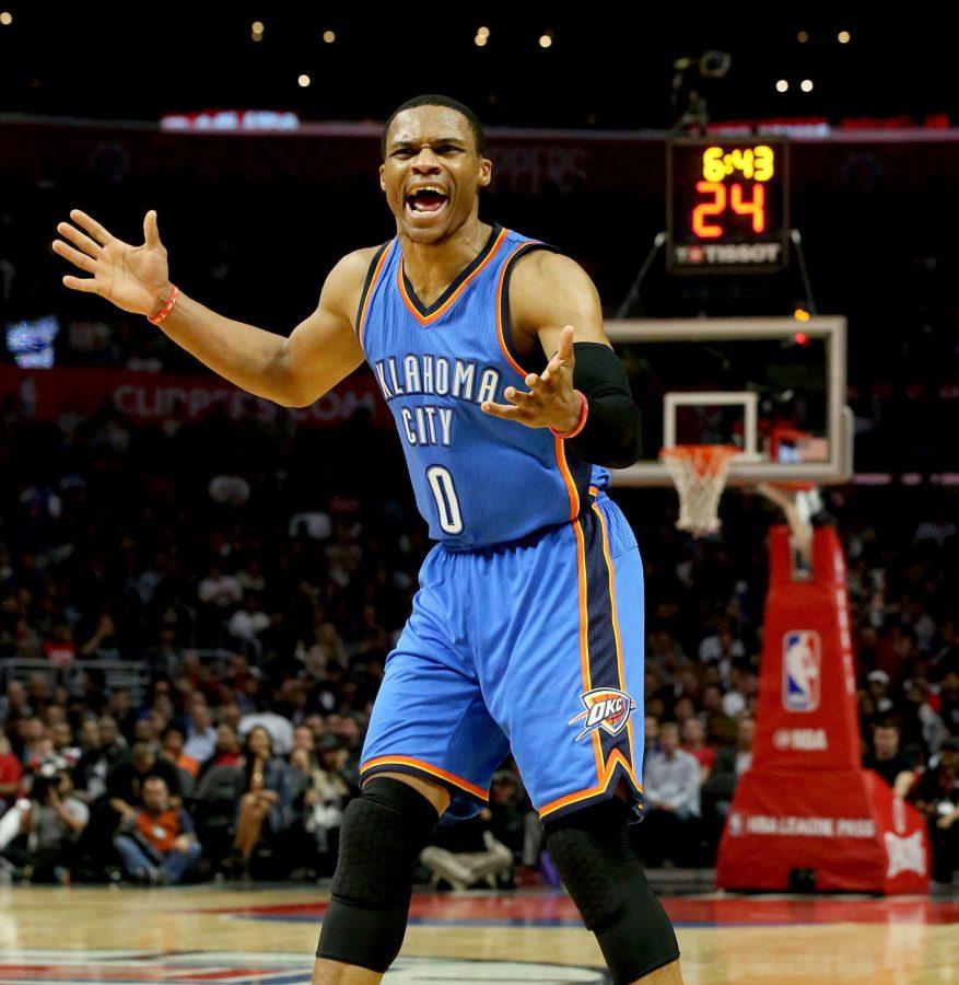 The Oklahoma City Thunders Russell Westbrook complains to officials about a foul that he thought should be called against the Los Angeles Clippers in the third quarter on Wednesday, Nov. 2, 2016, at Staples Center in Los Angeles. The Thunder won, 85-83. (Luis Sinco/Los Angeles Times/TNS)