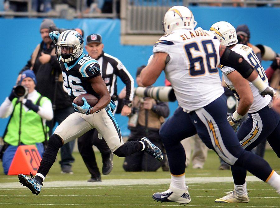Carolina Panthers cornerback Daryl Worley, left, intercepts a pass by San Diego Chargers quarterback Philip Rivers during action on Sunday, Dec. 11, 2016 at Bank of America Stadium in Charlotte, N.C. The Panthers defeated the Chargers 28-16. (Jeff Siner/Charlotte Observer/TNS)
