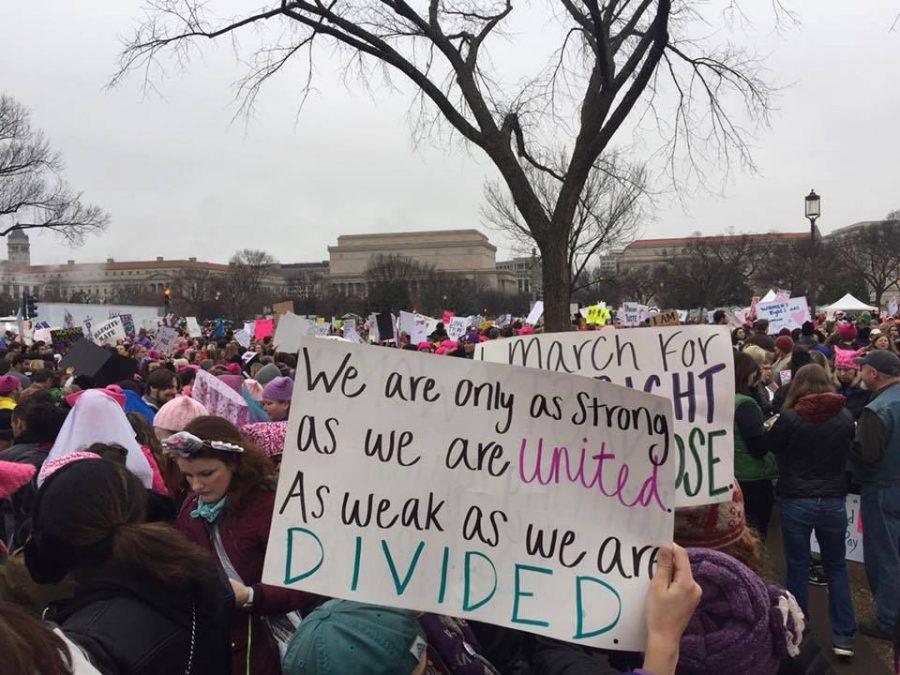 A+protester+at+the+Womens+March+on+Washington+holds+a+sign+that+calls+for+unity.