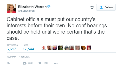 A tweet from Sen. Elizabeth Warren arguing for the case that confirmation hearings of cabinet picks is being rushed.