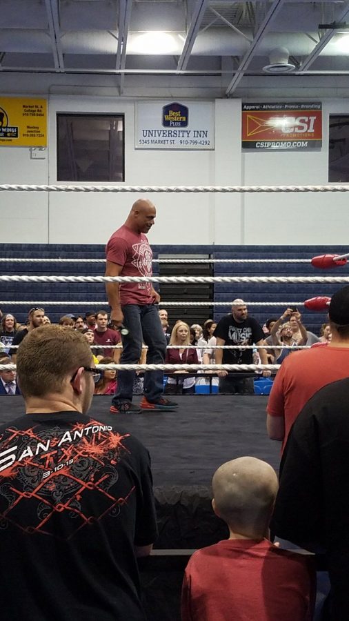 Kurt Angle stands in-ring during Deja VooDoo, a independent wrestling show held at Cape Fear Community Colleges Schwartz Center on Oct. 29, 2016.