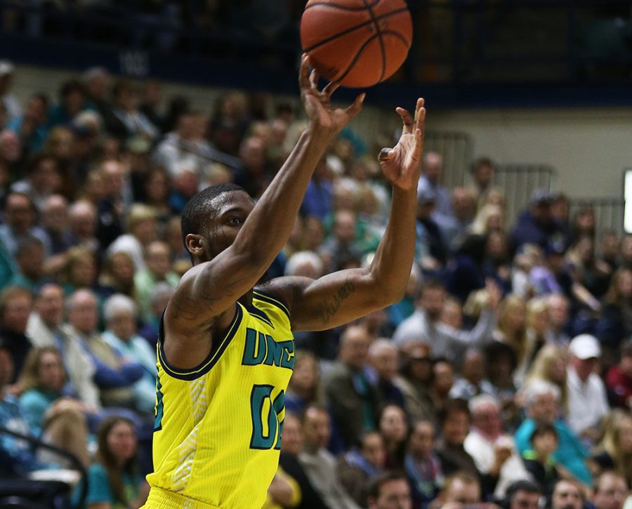 Ambrose Mosley uncorks one of six made three-pointers in Saturdays 108-80 blowout win over Delaware.