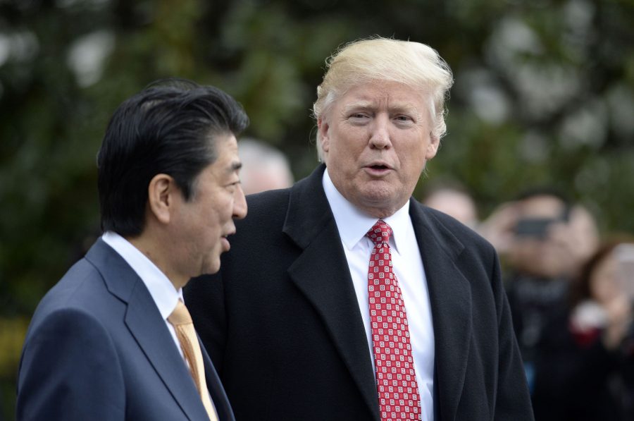 U.S.+President+Donald+Trump+and+Japans+Prime+Minister+Shinzo+Abe+depart+the+White+House+on+Feb.+10%2C+2017+in+Washington%2C+D.C.+%28Olivier+Douliery%2FAbaca+Press%2FTNS%29