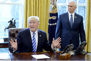 U.S. President Donald Trump reacts after Republicans abruptly pulled their health care bill from the House floor in the Oval Office of the White House on March 24, 2017 in Washington, D.C. (Olivier Douliery/Abaca Press/TNS)