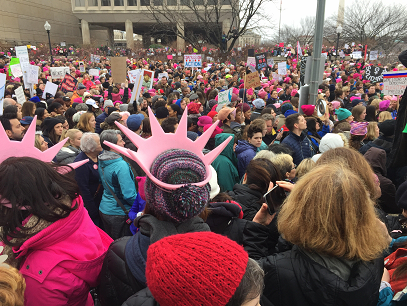 Thousands gathered for the 2017 Womens March in Washington, DC, many of which are colorfully decorated with pussyhats and homemade signs. 
