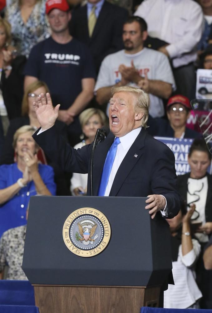 (Mike Cardew/Akron Beacon Journal/TNS) President Donald Trump shouts during a Make America Great Again rally at the Covelli Centre in Youngstown, Ohio, on Tuesday, July 25, 2017. 