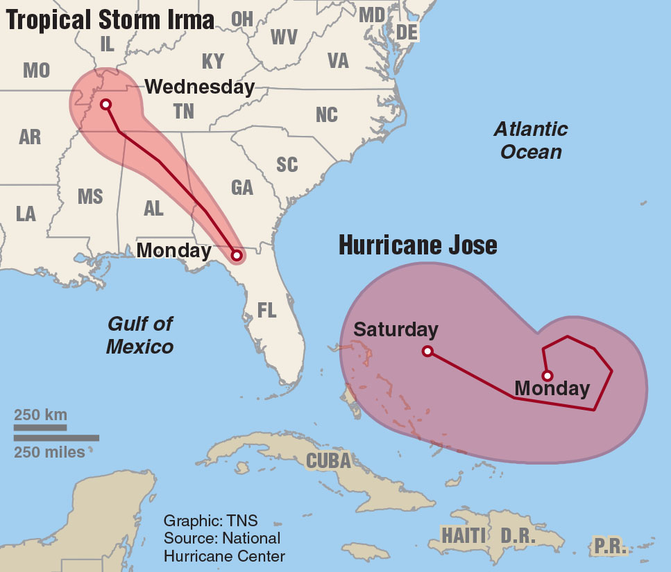 Map of Tropical Storm Irma and Hurricane Jose. Courtesy of Tribune News Service