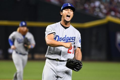 Dodgers pitcher Yu Darvish reacts after striking out Diamondbacks batter J.D. Martinez to end the fourth inning in Game 3 of the NLDS at Chase Field Monday, Oct. 9, 2017 in Phoenix, Ariz. The Dodgers won 3-1.