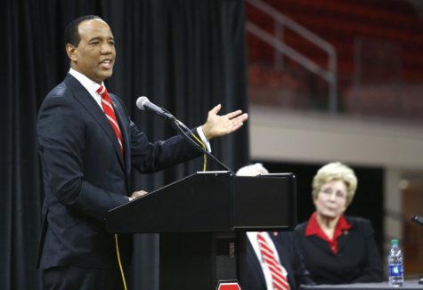 New N.C. State head men's basketball coach Kevin Keatts, left, talks to the crowd as athletic director Debbie Yow listens during an introductory press conference on Sunday, March 19, 2017 at Reynolds Coliseum in Raleigh, N.C.