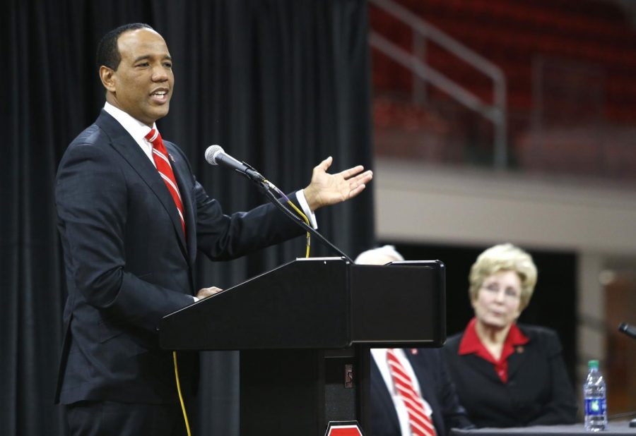 New N.C. State head mens basketball coach Kevin Keatts, left, talks to the crowd as athletic director Debbie Yow listens during an introductory press conference on Sunday, March 19, 2017 at Reynolds Coliseum in Raleigh, N.C.