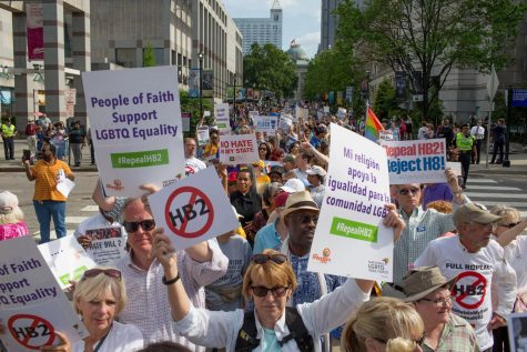 Demonstrators call for the repeal of HB2 in Raleigh, N.C., on April 25, 2016. (Jill Knight/Raleigh News & Observer/TNS)