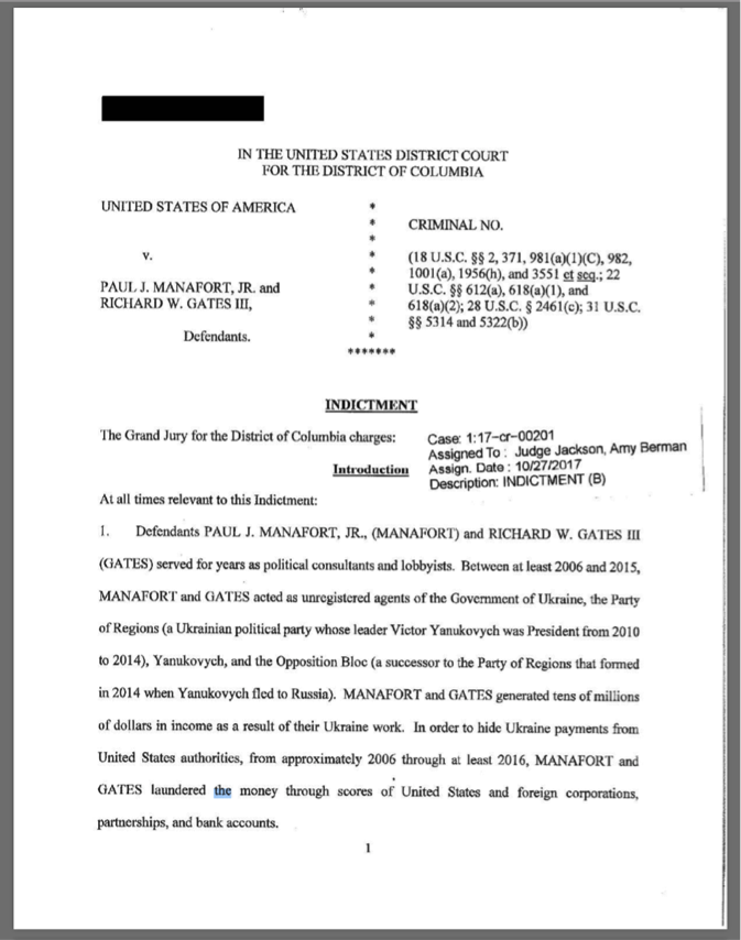 The first page of the indictment against Paul Manafort and Richard Gates, released by the Special Counsel’s Office of the United States Department of Justice
