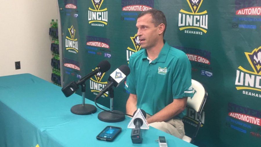 UNC Wilmington mens basketball coach C.B. McGrath speaks to media in a press conference on Thursday, Nov. 9.