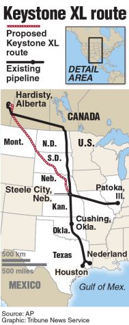 Map of the location of the proposed Keystone XL pipeline route.