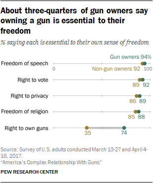 Graph depicting the views of gun owners and non-gun owners in regards to key aspects of freedom.