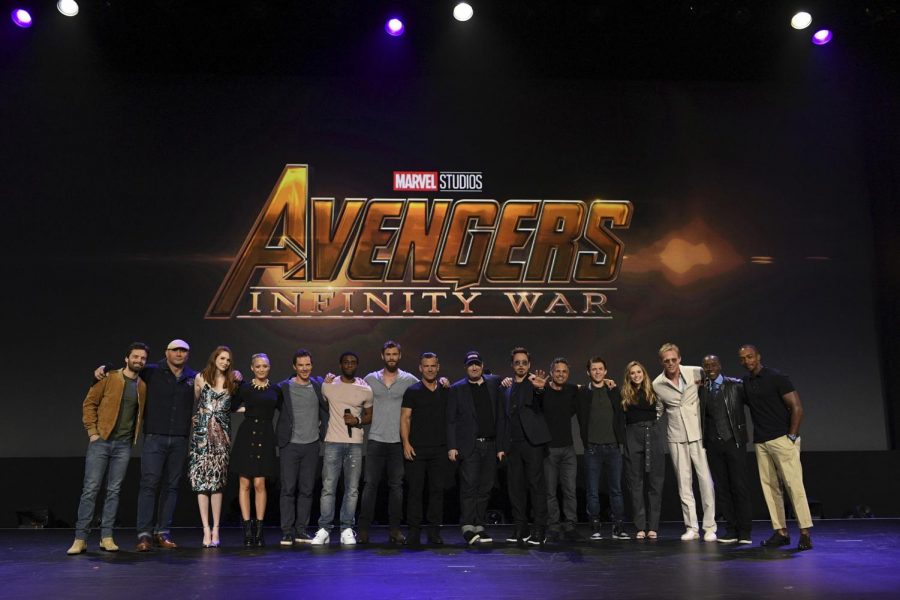 Half of the cast of Avengers: Infinity War poses for a photo at the D23 Expo at the Anaheim Convention Center on July 15, 2017. 
From left to right: Sebastian Stan, Dave Bautista, Karen Gillan, Pom Klementieff, Benedict Cumberbatch, Chadwick Boseman, Chris Hemsworth, Josh Brolin, Kevin Feige (President of Marvel Studios), Robert Downey Jr., Mark Ruffalo, Tom Holland, Elizabeth Olsen, Paul Bettany, Don Cheadle, Anthony Mackie. 