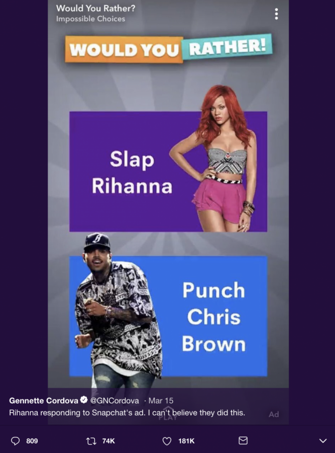 This advertisement was shown through the popular app, Snapchat. This ad for the game Would You Rather has received much backlash from not only users of the app, but Rihanna herself due to its insensitivity towards domestic violence. 