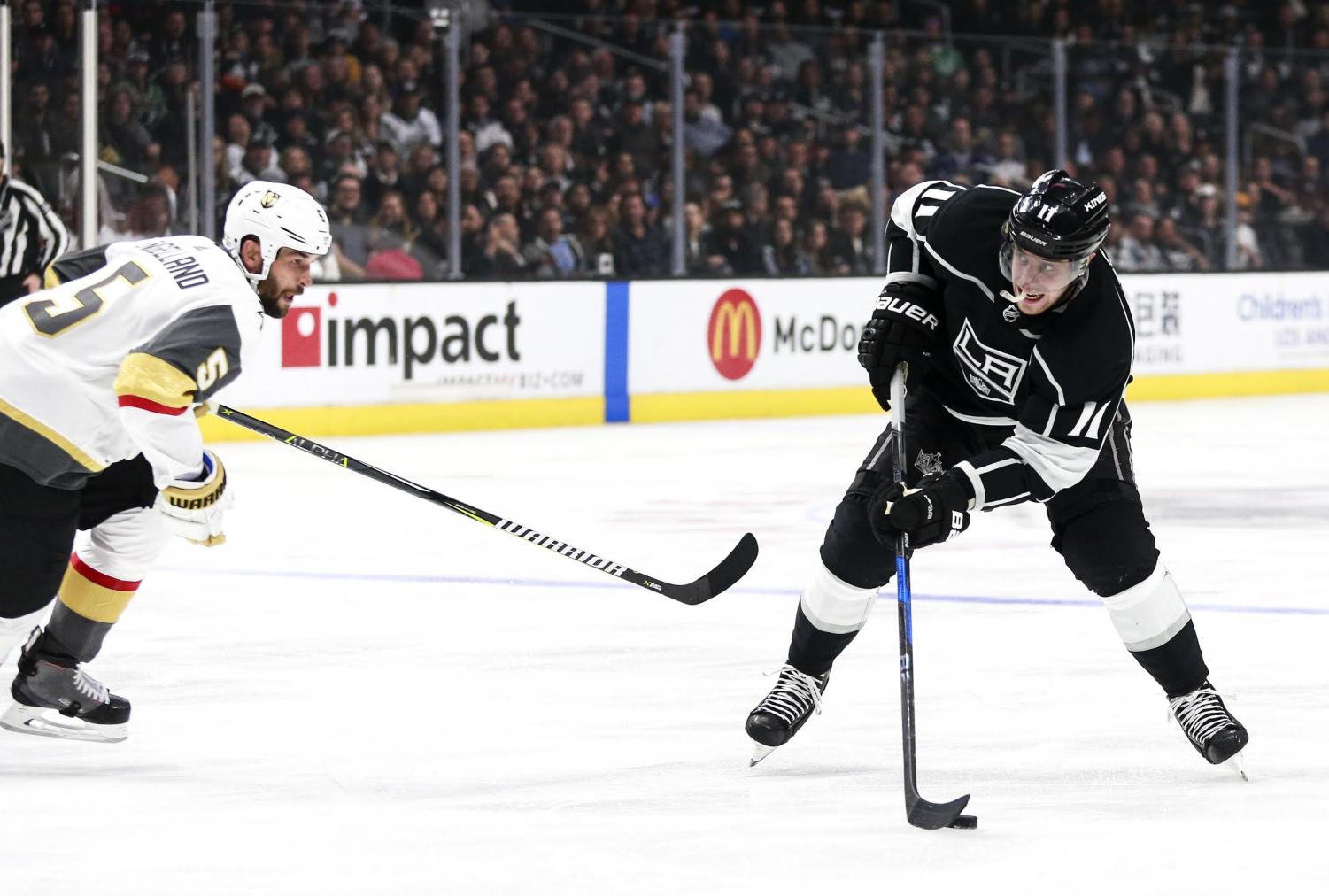 The Los Angeles Kings' Anze Kopitar, right, controls the puck against Vegas Golden Knights defenseman Deryk Engelland on February 26, 2017, at Staples Center in Los Angeles. The two teams clash again on Tuesday, Feb. 27, 2018, in Las Vegas.