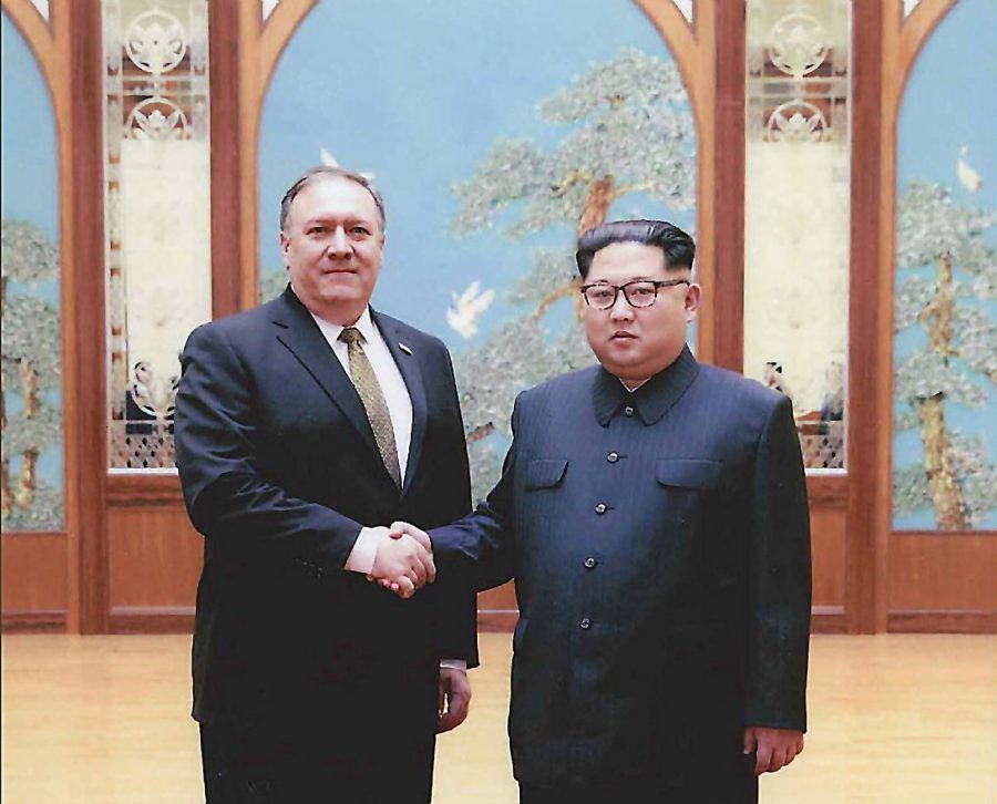 Photos released by the White House of then CIA Director Mike Pompeo, left, meeting North Korean leader Kim Jong Un in Pyongyang over Easter weekend. (White House/Zuma Press/TNS)