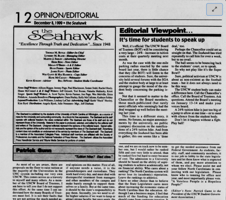 The opinion/editorial section of The Seahawk in 1999.