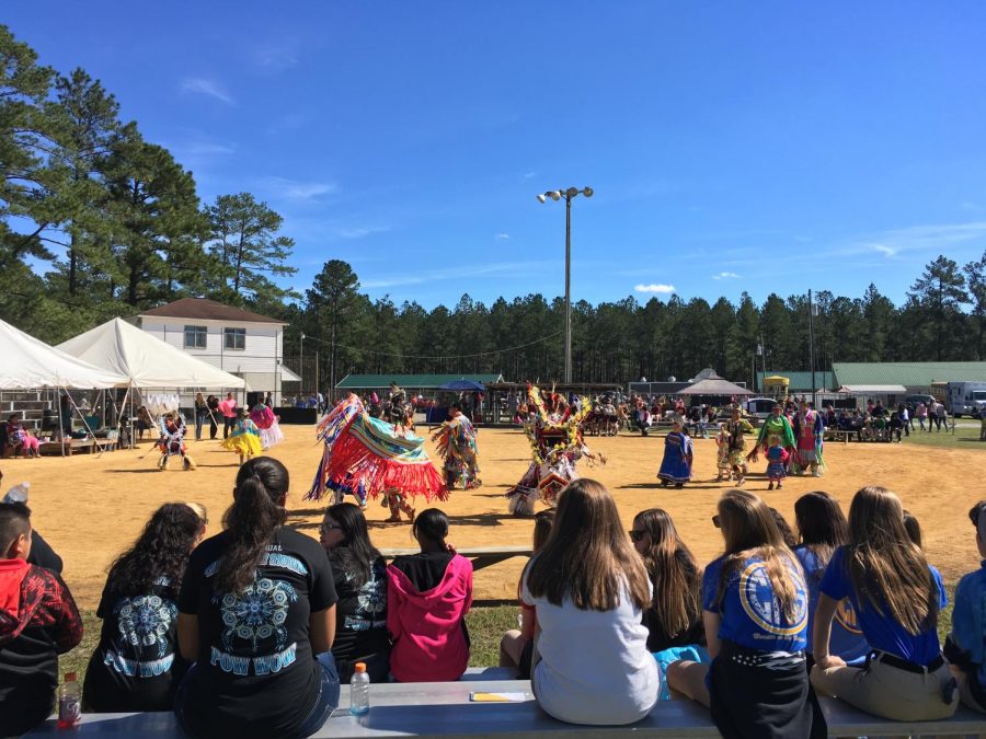 Members of the Waccamaw Siouan Tribe dance for the audience at the 48th Annual Waccamaw Siouan Pow Wow in Bolton, North Carolina, on Oct. 18, 2018.