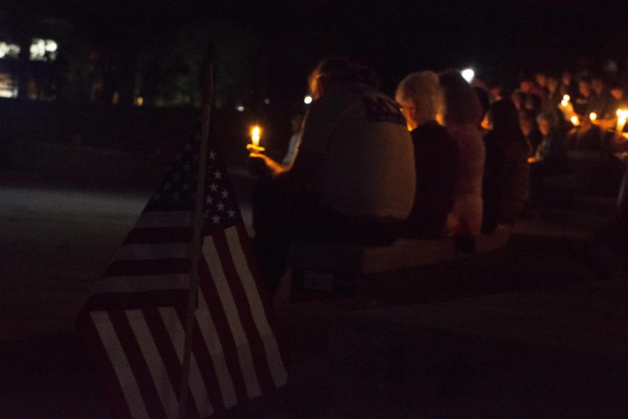 Attendees listened tentatively as speakers honored the victims of the Tree of Life Synagogue shooting in the campus amphitheater on Monday, Nov. 5.