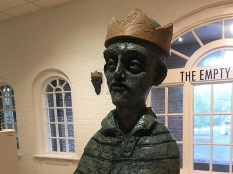 “Blind Greed” is the main centerpiece of artist Nathan Ryan Verwey’s collection in the Boseman Gallery lasting until Nov. 9. This piece is sculpted of ceramic and is on sale for $1000. - Photo by Brenna Flanagan