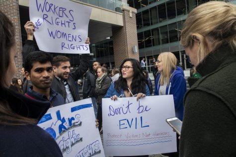 Employees at Google's Chicago office in the Fulton Market district walked out of their workplace on Thursday, Nov.1, 2018 in protest of the company's reported handing of sexual misconduct allegations.