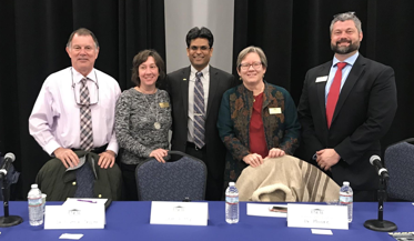 From left to right: Dr. W. David Webster, Dr. Michelle Scatton-Tessier, Dr. Aswani Valety, Dr. Kemille Moore, and Dr. Jess Boersma at the first Open Students Forum of the semester in the Warwick Center ballroom on Tuesday, Feb. 19.