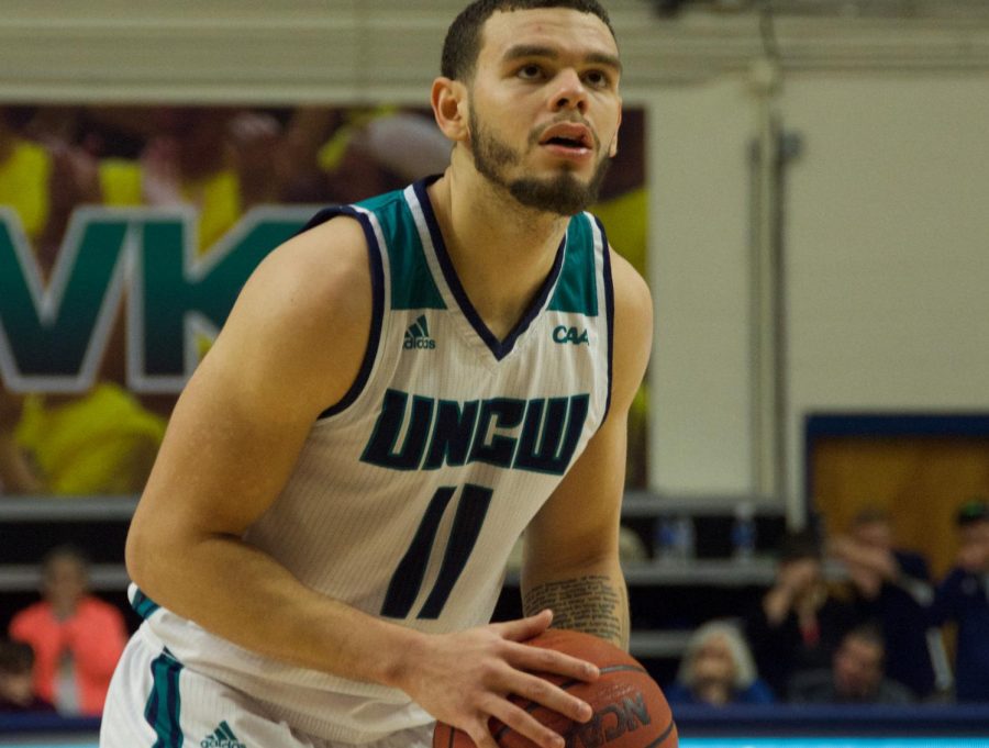 Jaylen Fornes (11) preps for a potential game-winning free throw with 12 seconds left during UNCWs matchup with Towson on Jan. 31, 2019.