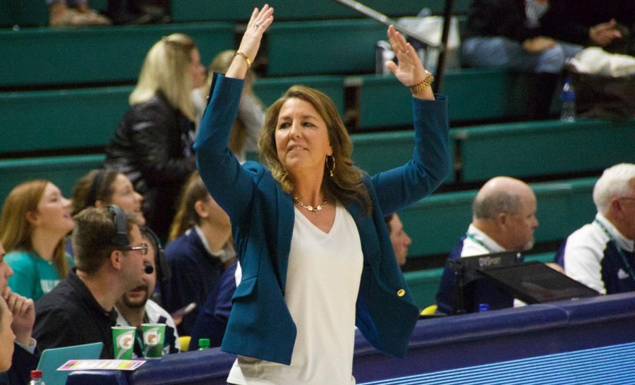 UNCW head coach Karen Barefoot during the Seahawks contest against Northeastern on Feb. 3, 2019.
