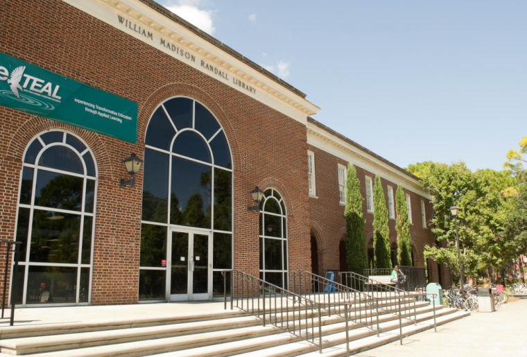The facade of Randall Library, facing Campus Commons.