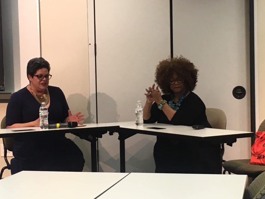 Dr. Tiffany Gilbert, left, and Jacki Shelton Green, right, at Greens Q&A forum at the Watson College of Education on Wednesday.