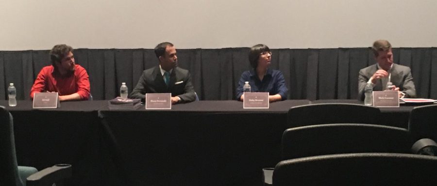 From left to right: Ed Hall,  Shane Fernando, Haley Branner, and Nick Cannon at the HawkTalks panel on Thursday.