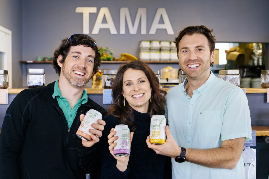 From left to right: Wells Struble, Kelly Struble, and Rocco Quaranto III -- the three founders of Tama Cafe. Each holds one of the three different flavors of sparkling green tea, partial proceeds of which are being donated to help preserve Masonboro Island.