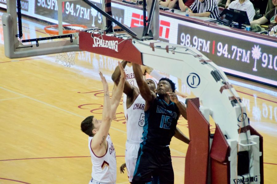 Devontae Cacok (15) goes for a layup against College of Charleston inside TD Arena on March 2, 2019.