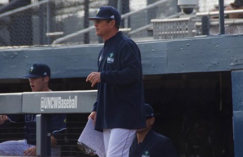 UNCW coach Mark Scalf during the Seahawks' matchup against Valparaiso at Brooks Field on March 3, 2019.