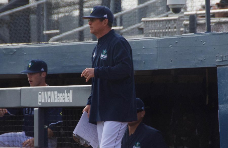 UNCW coach Mark Scalf during the Seahawks matchup against Valparaiso at Brooks Field on March 3, 2019.
