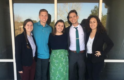From left to right: College of Health & Human Services Senator Laura Bussiere, Senior Class President Julian Coley, SGA Vice President-elect Rachel Kowaldo, SGA President-elect Nick Pianovich, and Junior Class Senator Sofia Bonilla.