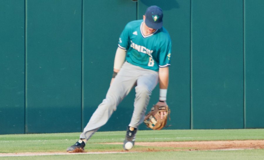 Cole+Weiss+%288%29+lets+bunt+roll+past+him+against+NC+State+at+Doak+Field+on+April+30%2C+2019.+The+ball+stayed+fair+long+enough+to+hit+the+third+base+bag.+