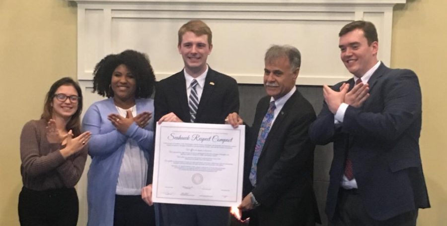 From left to right: Dara Arroyo, SGA Director of Diversity and Inclusion; Latisha Rivera, Student Ambassador; Cole Tillet, SGA President; Chancellor José Sartarelli; SGA Treasurer Sean Clark.